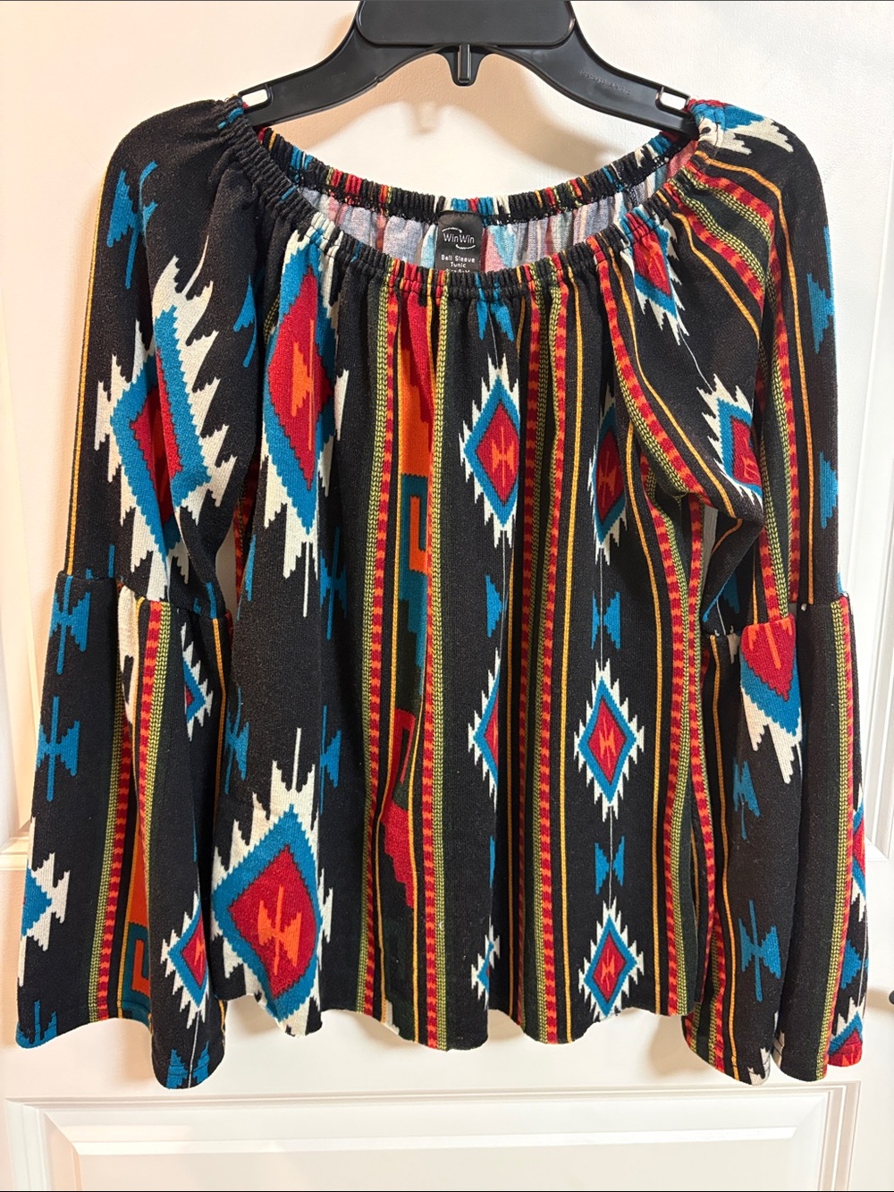 WinWin Black Southwestern Aztec Bell Sleeve Tunic with Red & Turquoise Accents